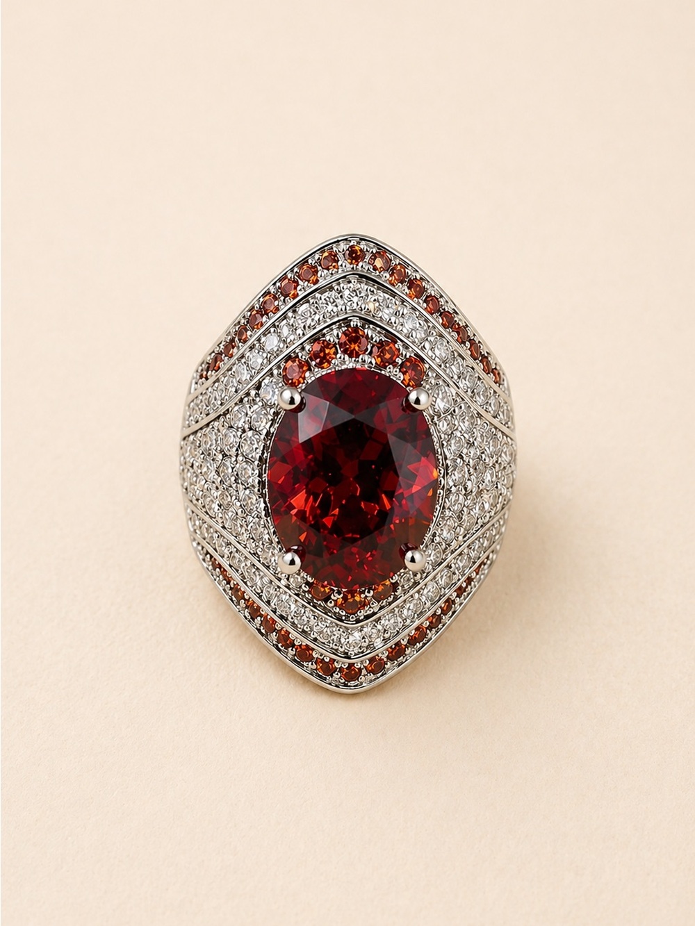 Simulated Red & White Diamond Cocktail Ring in Silvertone Size 5.5  8.39 Ctw